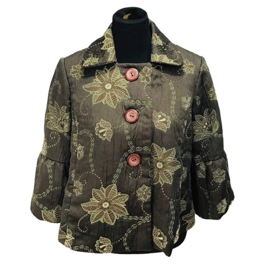 Trevan Flower Brocade Flyaway Jacket Brown Green Size 8